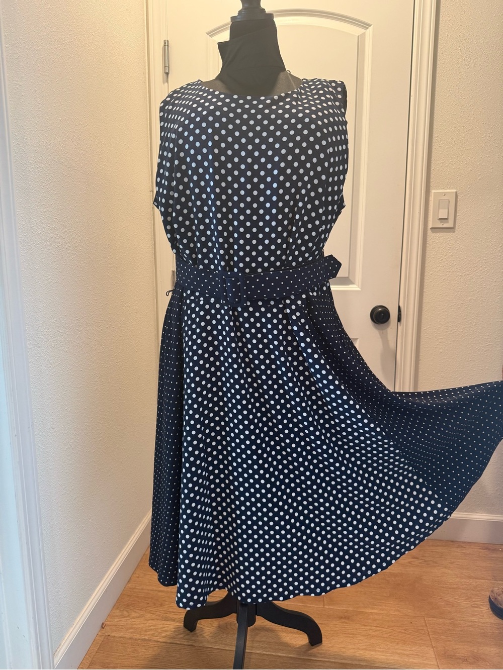 Danny & Nicole Navy and White Polka Dot Midi Dress
